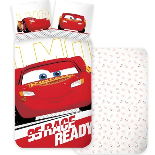 Disney Cars Lightning McQueen Parure de lit simple | Housse de couette 140 x 200 cm + taie d'oreiller 60 x 65 cm | 100 % coton | Parure de lit douce et respirante |...