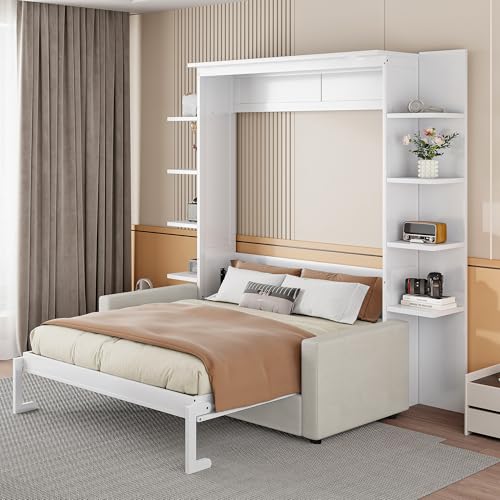 roomfitters Queen Murphy Bed with Integrated Sofa & Bookcase - Modern White Wall Bed with Dual Piston Folding Mechanism & Open Storage Unit - Space Saving Set for Studios