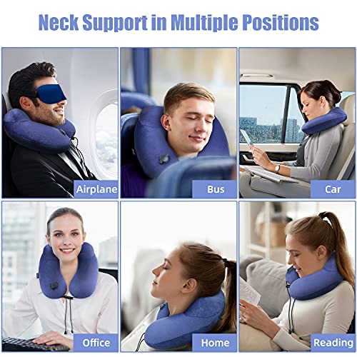 Extra-Compact Inflatable Travel Pillow For Airplane, 100% Soft Velvet Inflatable Neck Airplane Pillows With 3D Eye Mask And Earplugs For Adults Kids, Best Travel Essentials For Traveling Camping(Blue) #TOP5