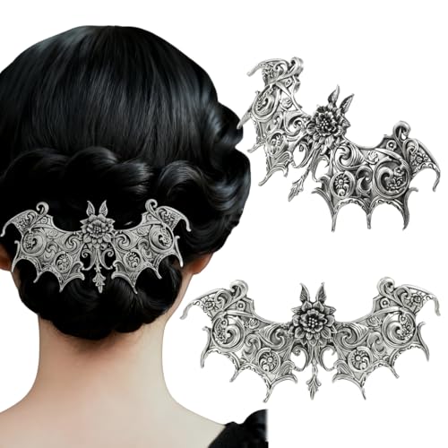 2PCS Gothic Bat Hair Clips with Flower Halloween Hair Accessories for Women Spooky Goth Hair Clips Gothic Hair Accessories Bat Wing Barrettes Witch Hair
