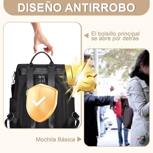Eshow Mochila Antirrobo para Mujeres y Chicas, se Puede como Bolso de Hombro o Bolsa Bandolera, Adecuado para Viaje Escuela Compras y Trabajo Negro - imagen 3