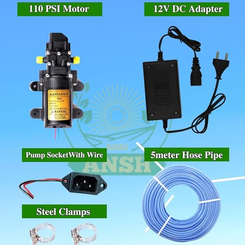 Image of Agriansh Heavy Duty 12V DC Water Pump Motor Kit with Charger, Hosepipe & Clamps - 110 PSI Self-Priming Diaphragm Pump for Bike Wash Agriculture Spray, Gardening, Solar Panel, Home Water Pressure Boost