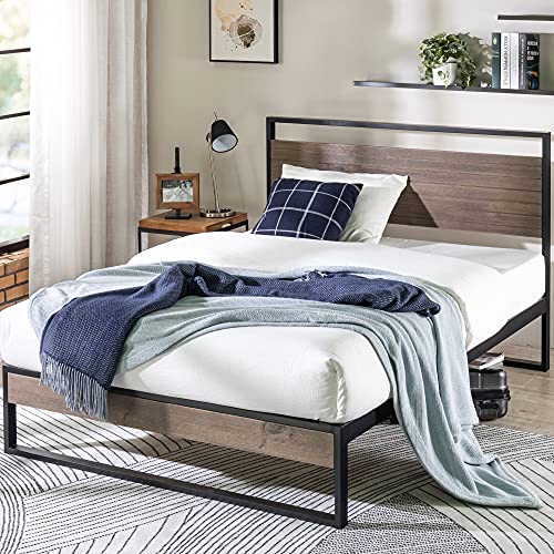 ZINUS Suzanne 44 Inch Metal and Wood Platform Bed Frame Solid Wood & Steel Construction No Box Spring Needed Wood Slat Support Easy Assembly, Grey Wash, Queen