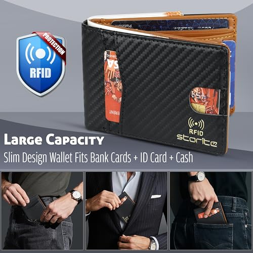Image of Storite Men's Multi-Card Bifold Leather Wallet RFID Protected Bifold Wallet - Slim PU Leather Money & Credit Card Holder Purse with ID Window (TanBlack)