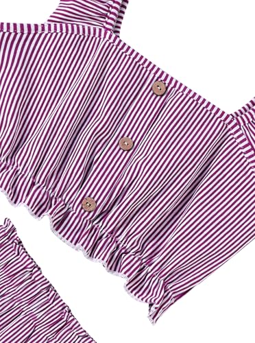 Image of Girls 2 Piece Summer Outfits Ruffle Strap Striped Crop Top and Short Sets Purple 7-8 Years