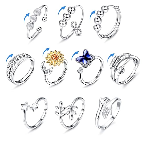 CASSIECA 10 Pcs Bague Anti Stress Femme Fidget Bague pour Femmes Réglable Anneau Ouvert Ensemble Spinner Anneaux Zircon Cubique Bague Soulagement du Stress Anneaux Empilables Cover