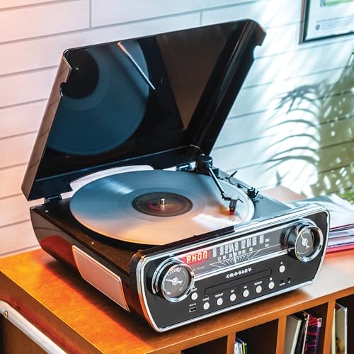Image of Crosley CR6047A-BK Powel 7-in-1 Bluetooth in /Out Vinyl Record Player with AM /FM Radio, CD Player, and Aux-in, Black