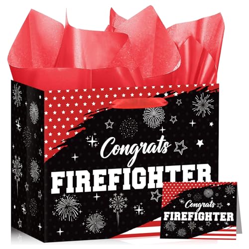 Firefighter Gift Bag Congrats Firefighter Gift Bag with Tissue Paper Card Red and Black...