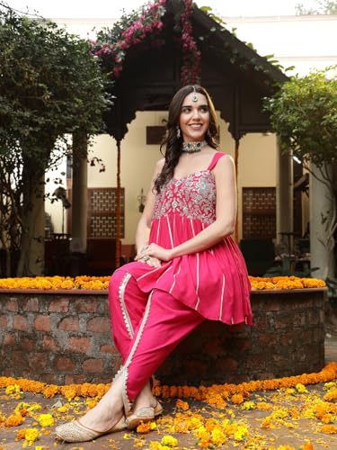 Image of Stylum Women's Solid & Embroidered Rayon A-Line Kurti Dhoti Pant Set