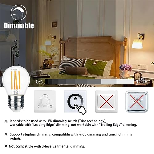 Akynite G45 E27 LED Bulb Dimmable 4W Warm White 2700K, 400LM, E27 40W Equivalent, AC 220V, Golf Ball ES Screw LED Light Bulb, P45 ES Mini Globe Filament Bulb, 6PCS