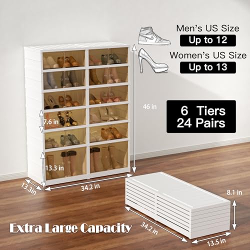 Image of 6-Tier Portable Shoe Rack Organizer for Closet, 24 Pairs Shoe Container Bins, Clear Plastic Collapsible Shoes Storage Box, Stackable Sneaker Storage Shoe Cabinet with Door