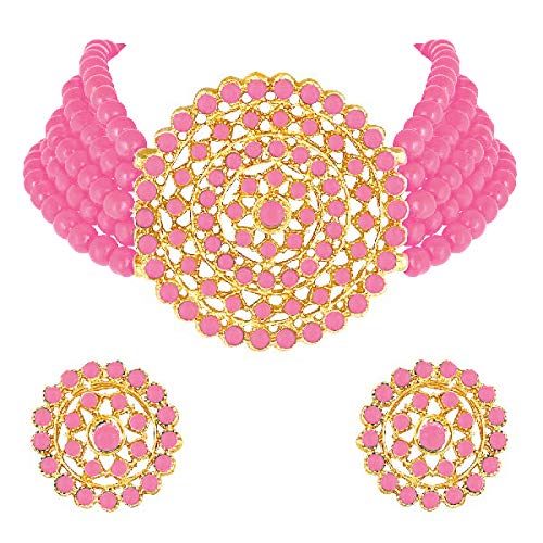 AheliPearl Diamond Choker Necklace with Round Earrings for Women Girls Indian Traditional Bollywood Fashion Jewelry Set