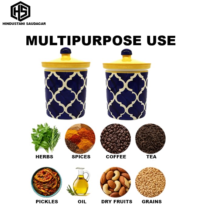Image of HS HINDUSTANI SAUDAGAR Blue Umrao Ceramic Pickle Jar Set Of 2(750 ml Each) Multipurpose Container Salt Sugar Spices Ceramic Jar with Lid Chutney Jar Dining Table Ideal For kitchen storage Gifting