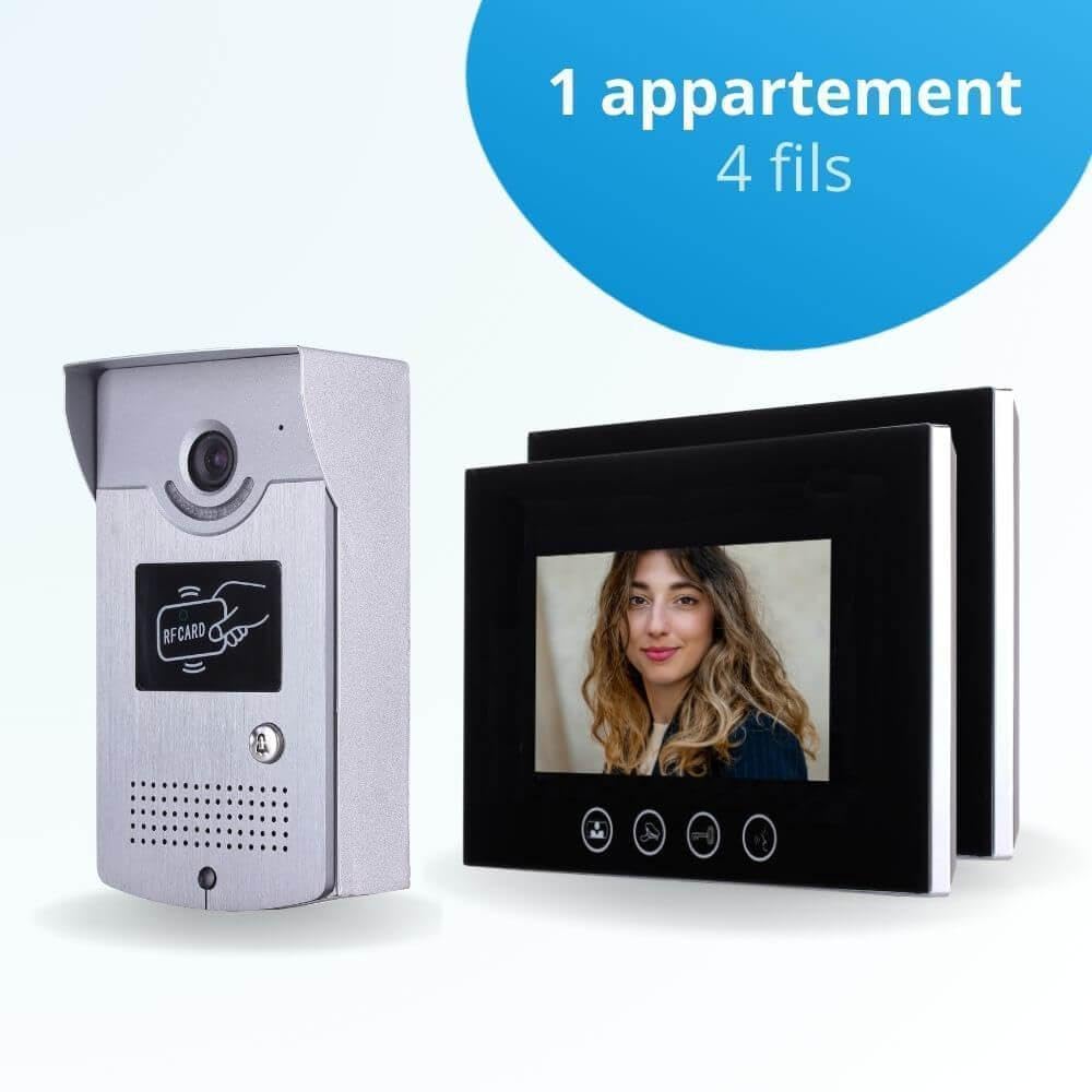 Portier interphone vidéo Cards 4 Fils - 2 écrans Noirs 7" - avec mémoire Photos - avec Lecteur de Badge
