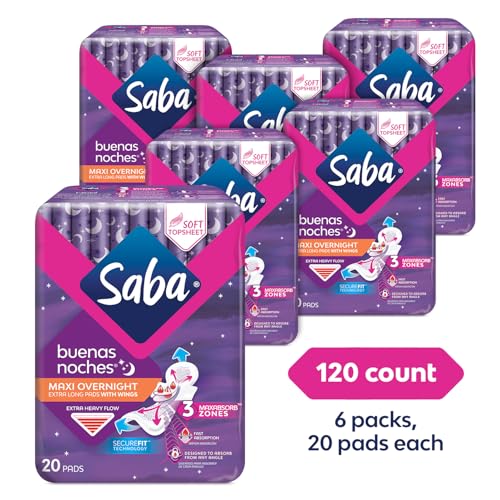 Image of Saba Buenas Noches Overnight Maxi Pads with Wings, Heavy Flow Protection, 120 Count (6-Pack)