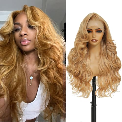 FABÉLLE Perruque Lace Front Wig Blonde Miel 26 pouces 13×6 130% Densité Perruque Lace Front Wig Transparente Ondulée Sans Colle Pré-épilée pour Femmes...