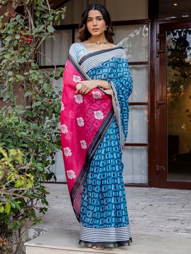 Image of SIRIL Women's Cotton Linen Printed Saree with Unstitched Blouse Piece