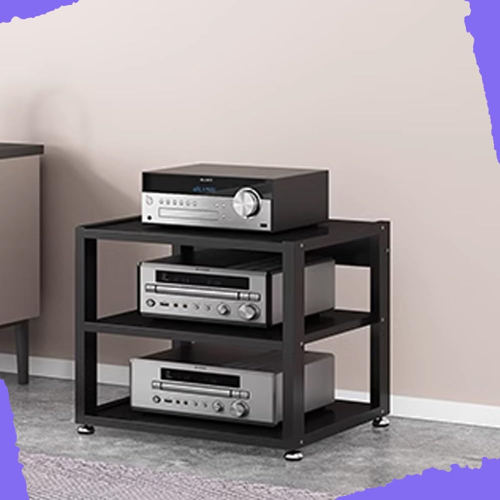 3 4 5 Livelli Mobile Componenti Stereo, HiFi Rack Audio AV Tower Media Stand, Rack Amplificatore Supporto Per Giradischi, Regolabile Mobiletto Portaoggetti, Legno & Metallo(Black,3 Tier-50X40X4