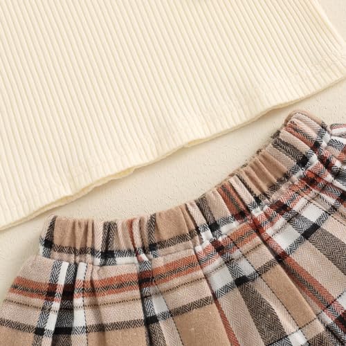 Image of BeQeuewll Fall Winter Toddler Baby Girl Clothes 2Pcs Long Sleeve Ribbed Knit Shirt Plaid Skirt 1T 2T 3T 4T 5T Girls Dress