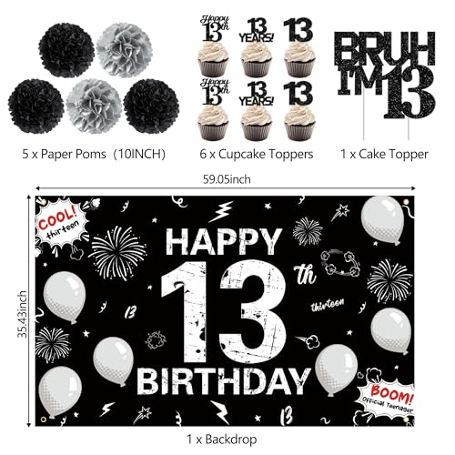 Image of Holkcog Happy 13th Birthday Decoration for Boys Girls, Black Official Teenager Party Supply, Black 13th Number Balloons & Cupcake Topper, Glitter Cool 13 Hanging Swirl, 13 Years Old Birthday Decor