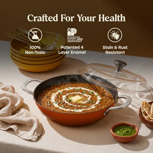 Image of CUMIN CO. Enamel Cast Iron Kadai LITE with Lid | 4L, 28 cm |5 Years Warranty | Non Toxic Heavy Bottom Kadhai for Frying | Induction & Gas Compatible | Chemical Free Coating | Color: Rust