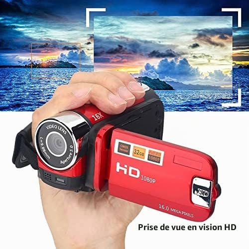 Caméscope de Caméra Vidéo, Caméscope à Zoom Numérique 16X Full HD, Rotation de 270 Degrés, Enregistreur de Caméra DV avec 1 Batterie pour Voyage (Rouge)