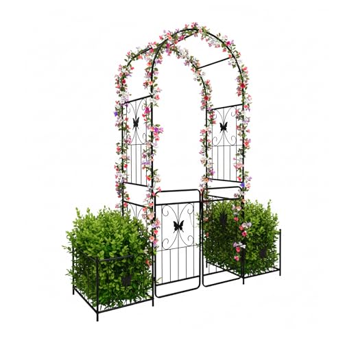 Relaxdays Arche Ronde en métal avec portillon Double et 2 jardinières, 220 x 202 x 50 cm, Noir