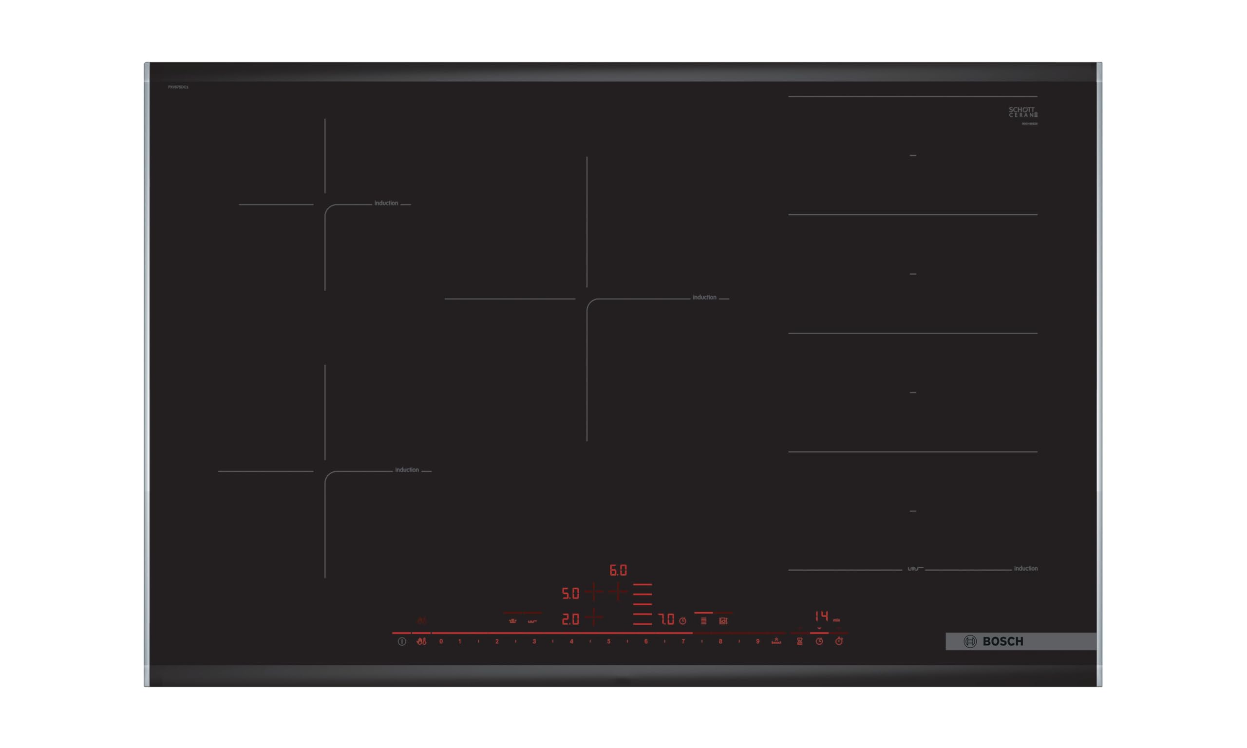 Bosch PXY875DC1E Serie 8 Induktionskochfeld, 80 cm breit, FlexInduction freie Platzwahl, MoveMode voreingestellte Leistungsstufen, GutFry Bratsensor, PowerBoost schnelleres Kochen, Schwarz