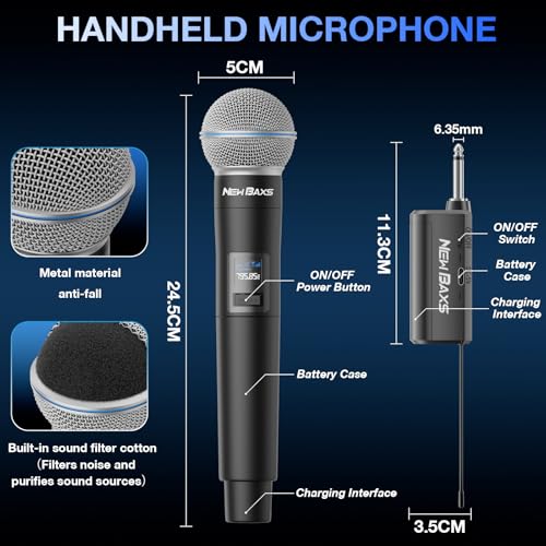 New Baxs UR02 Wireless Microphone, Rechargeable Dual Cordless Handheld Dynamic Wireless Mics,Newbaxs Karaoke Microphones thumb #6