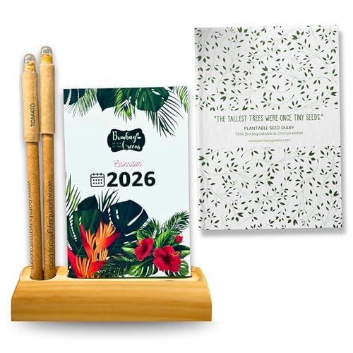 Image of 2026 Eco-Friendly Desk Calendar with Wooden Stand & Plantable Seed Pens and Diary - Sustainable 2026 Calendar Planner for Home & Office - Zero Waste New Year Gift & Grow Your Own Plant Kit by Bombay Greens
