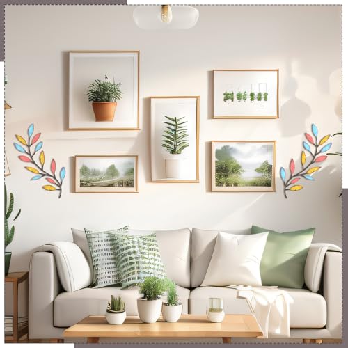 Image of Zhengmy 2 Pieces Metal Tree Leaf Wall Decor Vine Olive Branch Leaf Wall Art Living Room, Hallway Wall Decor Outdoor Decoration (Spring Colors)