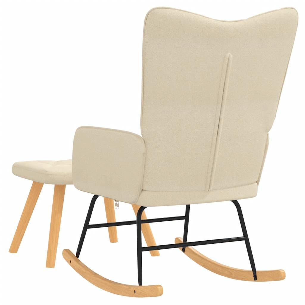 Fotel bujany z taboretem, kremowy, 100% poliester, wymiary 61 x 78 x 98 cm, stalowa rama, drewniane płozy, fotel relaksacyjny do salonu i sypialni