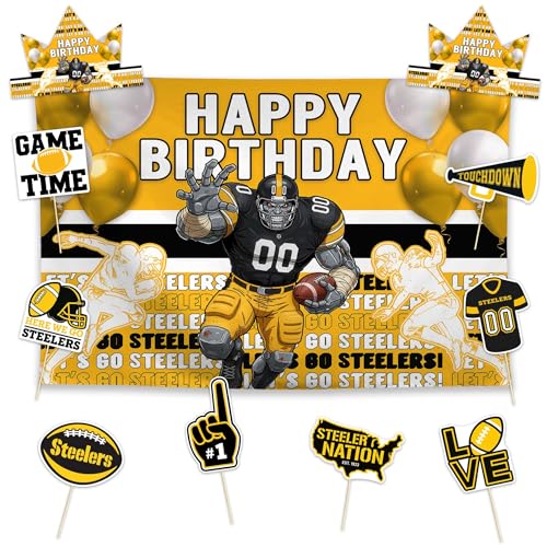 Allenjoy Yellow Running American Football Team Player Birthday Party Supplies Sets - 1pc 59 x 35 Backdrop 2pcs Paper Headwear 8pcs Photo Booth Props