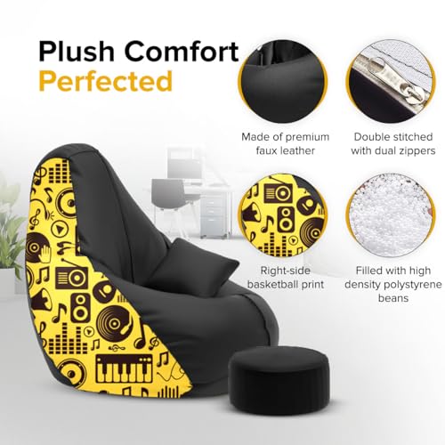 Image of Amazon Brand - Solimo Premium Faux Leather Bean Bag Combo with Footrest & Cushion, Filled with Beans | Capacity: Upto 6 Ft 3 in Height, 120 KG Weight | 3XL | Music | Black