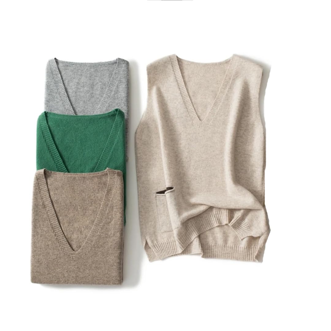 Damen Merino Wolle Weste Ärmellos Strickweste Loose Pocket Vest