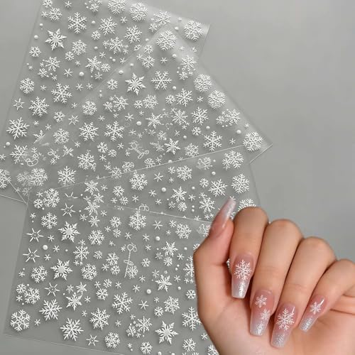 4 Pack Christmas Snowflake Nail Art Stickers with Crystal Design Winter Holiday Nail Decals for Festive Manicure