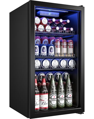Manastin Beverage Refrigerator Cooler-120 Cans Freestanding Mini Fridge Cooler with Glass Door, Adjustable Shelves & Digital Temperature Display for Soda, Wine or Beer (Black, 3.2 Cu.Ft)