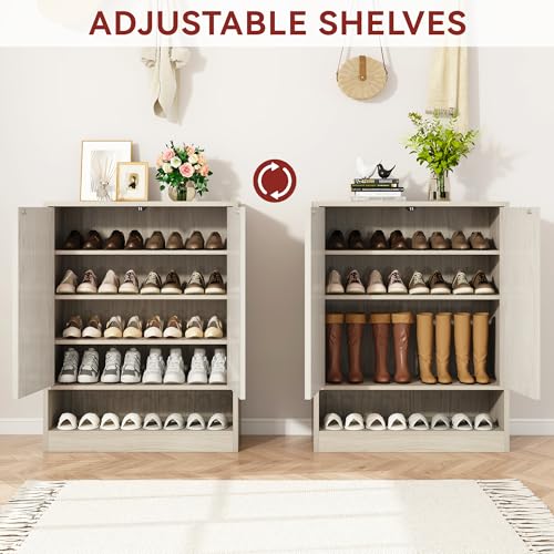 Image of Fluted Shoe Cabinet with Doors, 2 Pieces 41 inch Tall Entryway Shoe Organizer Cabinet with Adjustable Shelves, 5-Tier Modern Wood Free Standing Shoe Rack for Hallway, Living Room, Closet, Grey