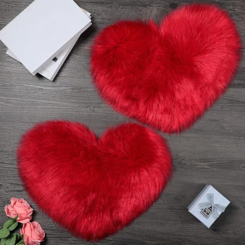 Mudder Lot de 2 tapis moelleux en fausse fourrure forme de cœur pour chambre à coucher, décoration canapé, sol, 30,5 x 40,6 cm (rouge)
