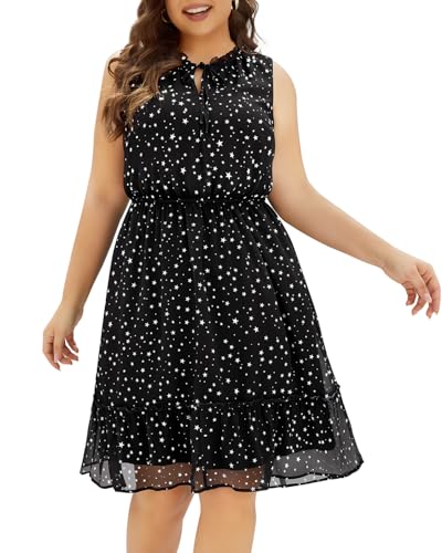 Pinup Fashion Plus Size Summer Tie Crewneck Short Dresses Sleeveless Boho Casual Chiffon Ruffle Flowy Sundress