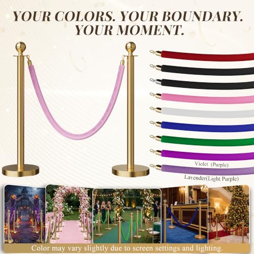 Image of 4PCS Pink Velvet Stanchion Ropes 5 Ft Crowd Control Ropes Barrier with Gold Hooks for Party Supplies,Photobooth Accessories, Prom,Birthday,Business,Wedding, Museums