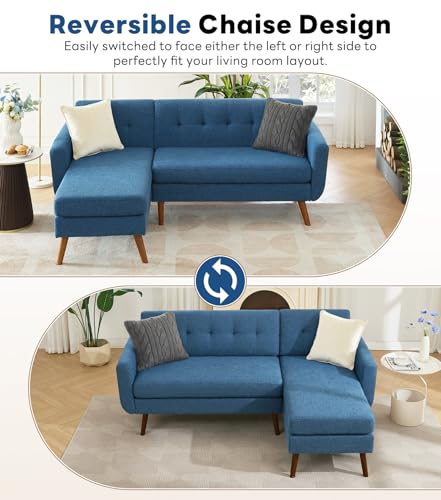 Image of Kingfun L Shaped Couch, 80 inch W Mid-Century Modern Sofa, Sectional Couches, 3 Seater Sofas with Wide Chaise Lounge, Button Tufted Upholstered Sectional Sofa for Living Room, Bedroom, Blue