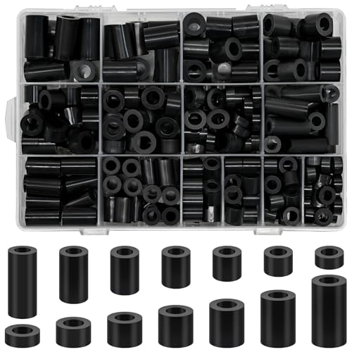 Meafeng 300 Piezas Arandelas Espaciadoras Redondas, M6 M8 Tornillos de Nylon Espaciador Aislante, No Roscado Espaciadores de Soporte de Columna, Arandelas de Plástico con Caja (Negro)