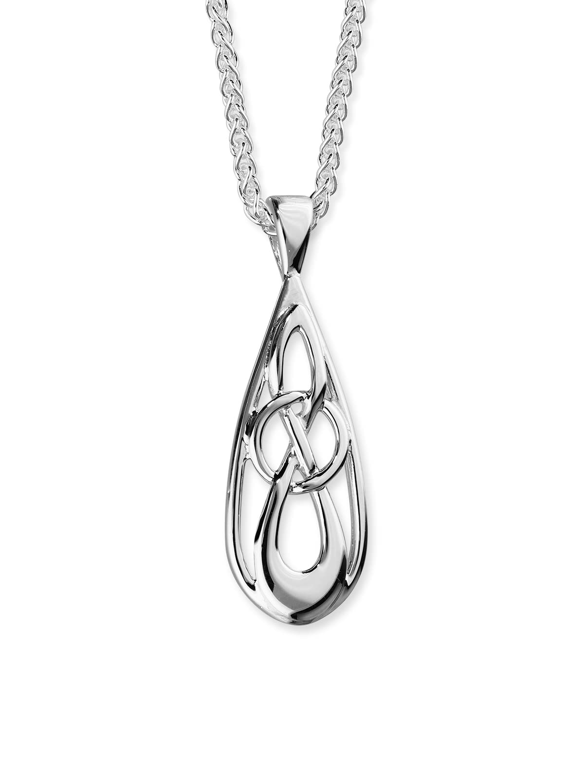 ORTAK 925 Sterling Silver Handmade Pendant Necklace, Tear Drop Shaped, Celtic Knots Artwork Design, High Polished, Scottish Fine Jewellery, Made In Scotland