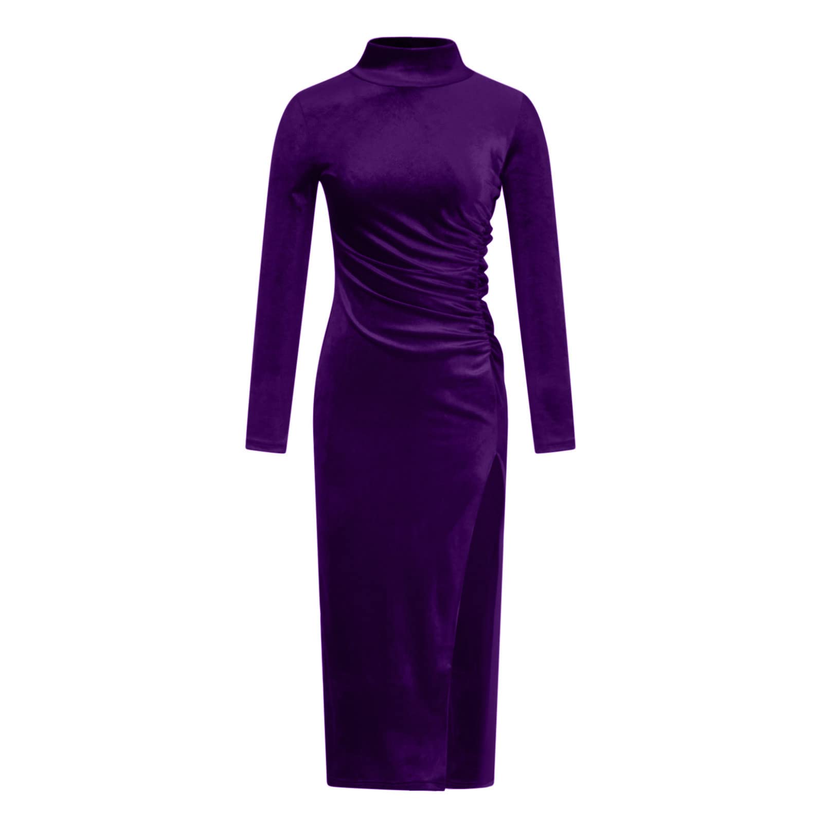 Robe vintage en velours avec col en V et col roulé - Manches longues - Robe de soirée moulante - Robe de bal élégante et rétro, 1056-Violet, XL
