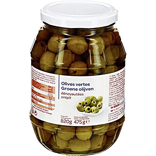 PP BLANC - Olives Vertes Dénoyautées 475G, Saveur intense et chair tendre, Prêt-à-déguster, Découvrez nos meilleures olives marinées - Lot De 4