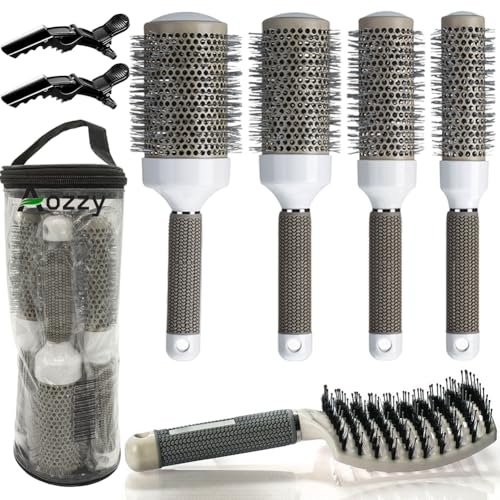 Aozzy 5pcs Pottery Lonic Round Hair Brush Set for Blow Drying, Curling, Professional Salon Styling Brush Set, Barrel Hairdressing Brushes Sets, Hair Drying Brush Round Set (25mm 32mm 45mm 53mm）