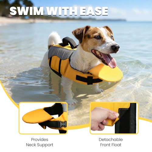 Image of VIVAGLORY Dog Life Vest Front Float Dog Swim Vest, M, Yellow | Life Jacket with Chin Float & Handle for Swimming & Boating, High Visibility Adjustable for Doggy Cat Puppy