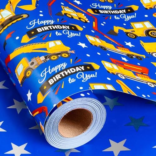 Flyhill Blue Construction Birthday Wrapping Paper Roll Truck Excavator Digger Reversible Gift Wrap with Happy Birthday & Star for Kids Boys Birthday Baby Boy Shower Party Celebration - Mini Roll(17 IN x 32.8 FT)