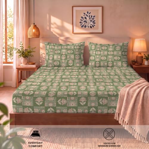 Image of Urban Space 144 TC Divine 100% Cotton Bedsheet for Double Bed with 2 Pillow Covers, Queen Bedsheet (Size 90 x 100 inches, Adaa Olive, Double)